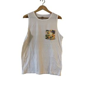 Jack's Surfboards Men's Pocket Tank Top Size M White Tropical Hibiscus Palm